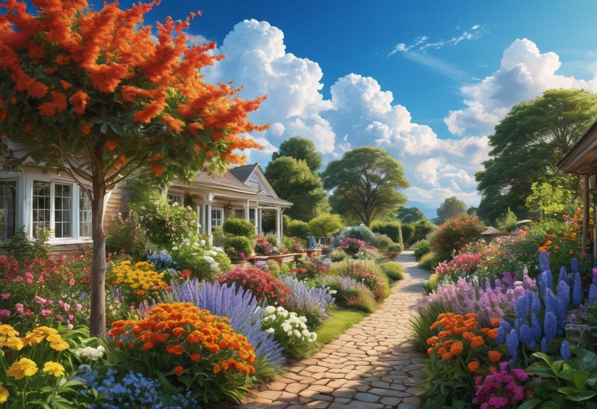A bright, sunlit landscape featuring a diverse group of individuals engaged in joyful activities such as gardening, laughing, and sharing moments together. The scene is filled with vibrant flowers and lush greenery, symbolizing growth and happiness. Soft, radiant colors create an uplifting atmosphere, inviting viewers to feel the warmth of cheerfulness. The background should have a clear blue sky with fluffy clouds for a serene vibe. super-realistic. vibrant colors. nature-inspired.