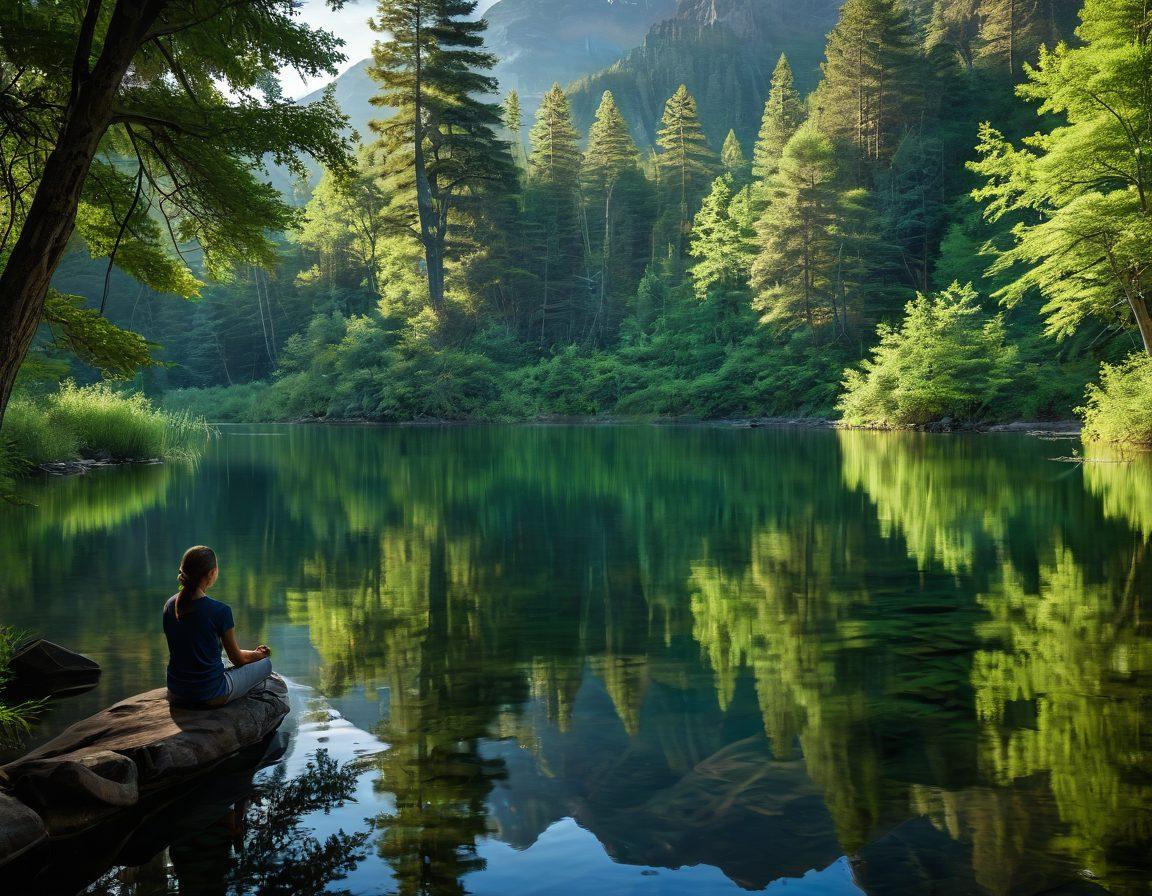 A serene landscape featuring a tranquil lake surrounded by lush greenery and gentle mountains in the background, with a person meditating by the water's edge, reflecting on their emotions. Soft sunlight filtering through the trees, creating a peaceful atmosphere. Vibrant colors. super-realistic.