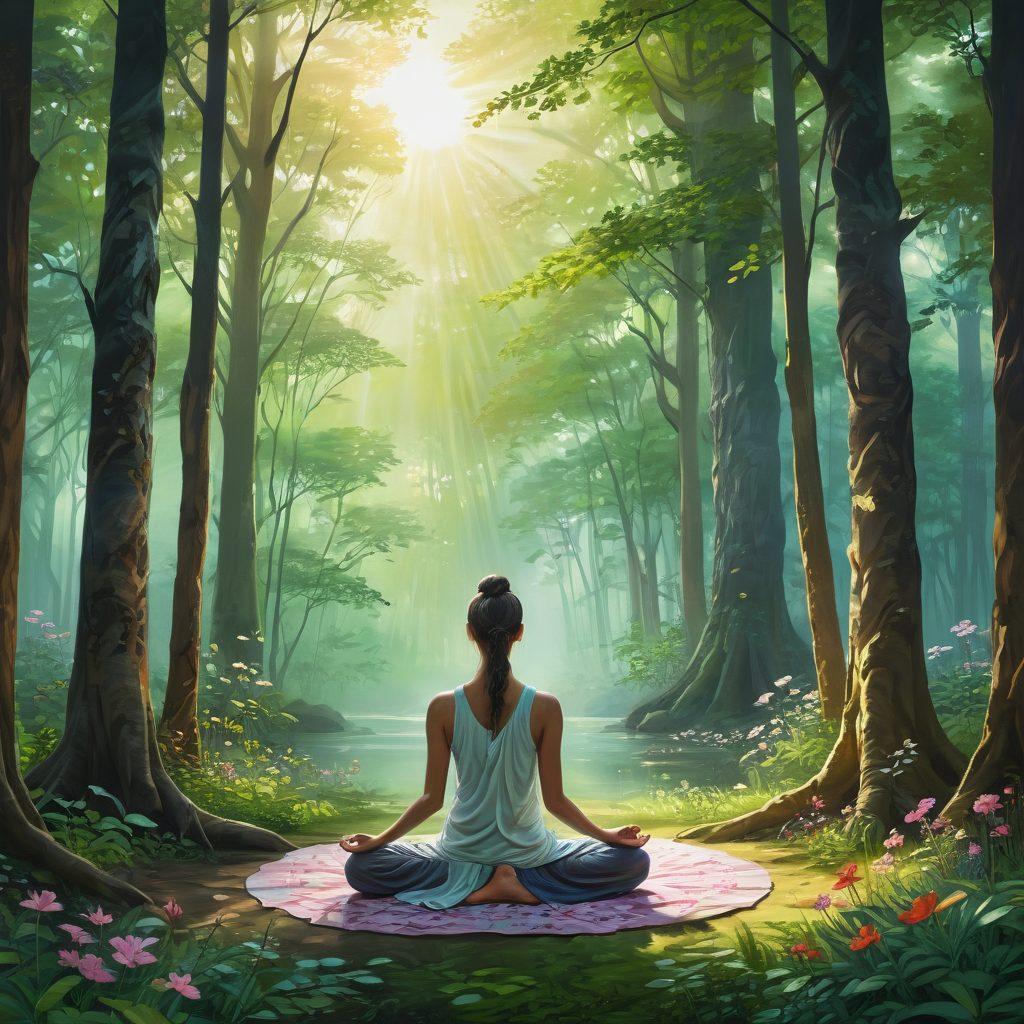 An ethereal scene depicting a serene person meditating in a lush green forest, with warm sunlight filtering through the trees. Surround the figure with symbols of gratitude like floating hearts and blossoming flowers, creating a visual representation of inner peace. Include soft, calming colors that evoke tranquility and mindfulness. super-realistic. vibrant colors. nature backdrop.